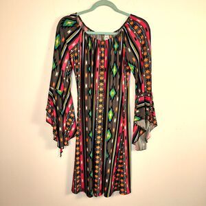 2B Together Dress Womens One Size Multi Aztec Print Bell Sleeve Festival Boho